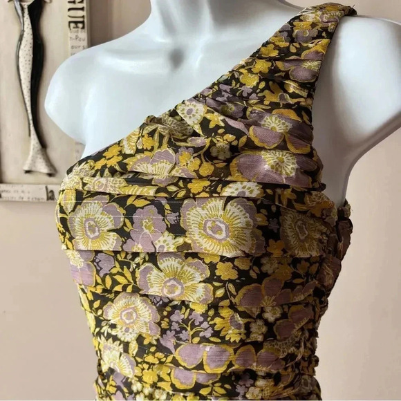 Zara Floral Chiffon Ruched One Shoulder Mini Dress Size XS - Picture 4 of 11